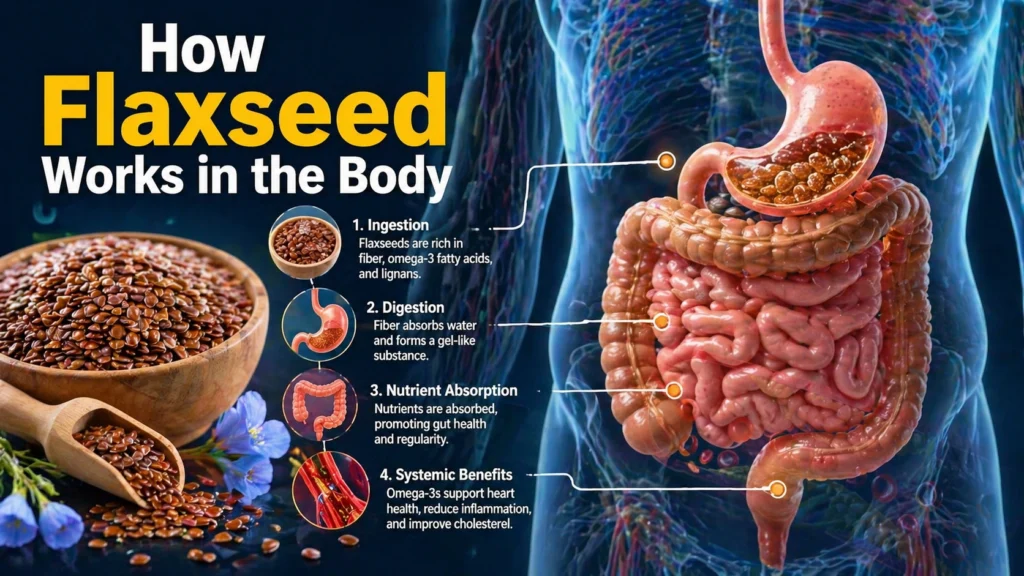 how flaxseed works in the body, with a human torso highlighting the digestive system, including the stomach and intestines, alongside flaxseeds in a bowl and visual steps illustrating ingestion, digestion, nutrient absorption, and overall health benefits.