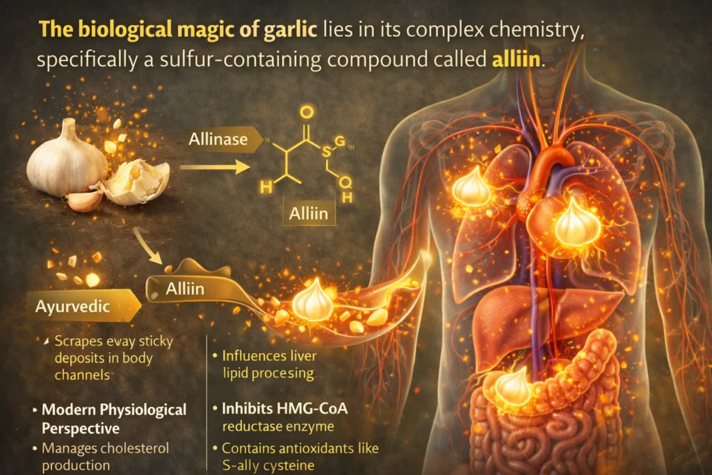 how garlic works in the body, illustrating the conversion of alliin to allicin with enzyme alliinase, alongside a human body diagram highlighting the heart, liver, blood vessels, and digestive system, with glowing garlic compounds demonstrating cholesterol control, antioxidant protection, and improved blood flow. How to Lower Bad Cholesterol