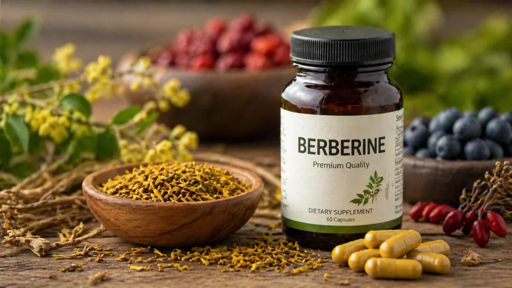 a berberine supplement bottle on a wooden table, surrounded by yellow capsules, herbal roots, dried botanicals, and berries, representing a natural plant-based health supplement in a warm, earthy setting.