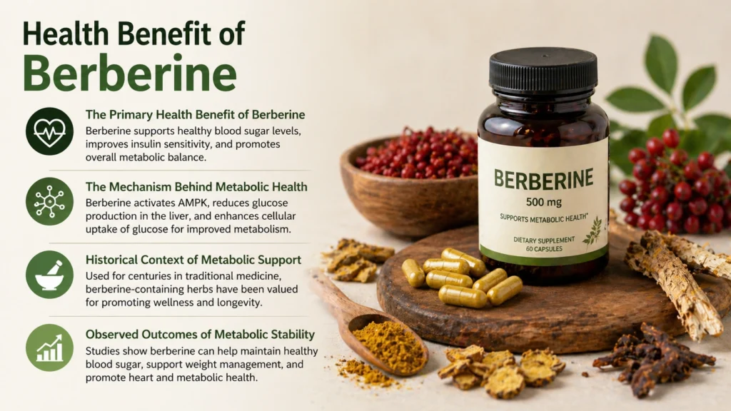 a berberine supplement bottle labeled “500 mg” placed on a wooden board with capsules, herbal roots, and red berries. The left side contains clean, readable sections highlighting the health benefits of berberine, its metabolic mechanism, traditional use, and effects on blood sugar balance and metabolic stability.