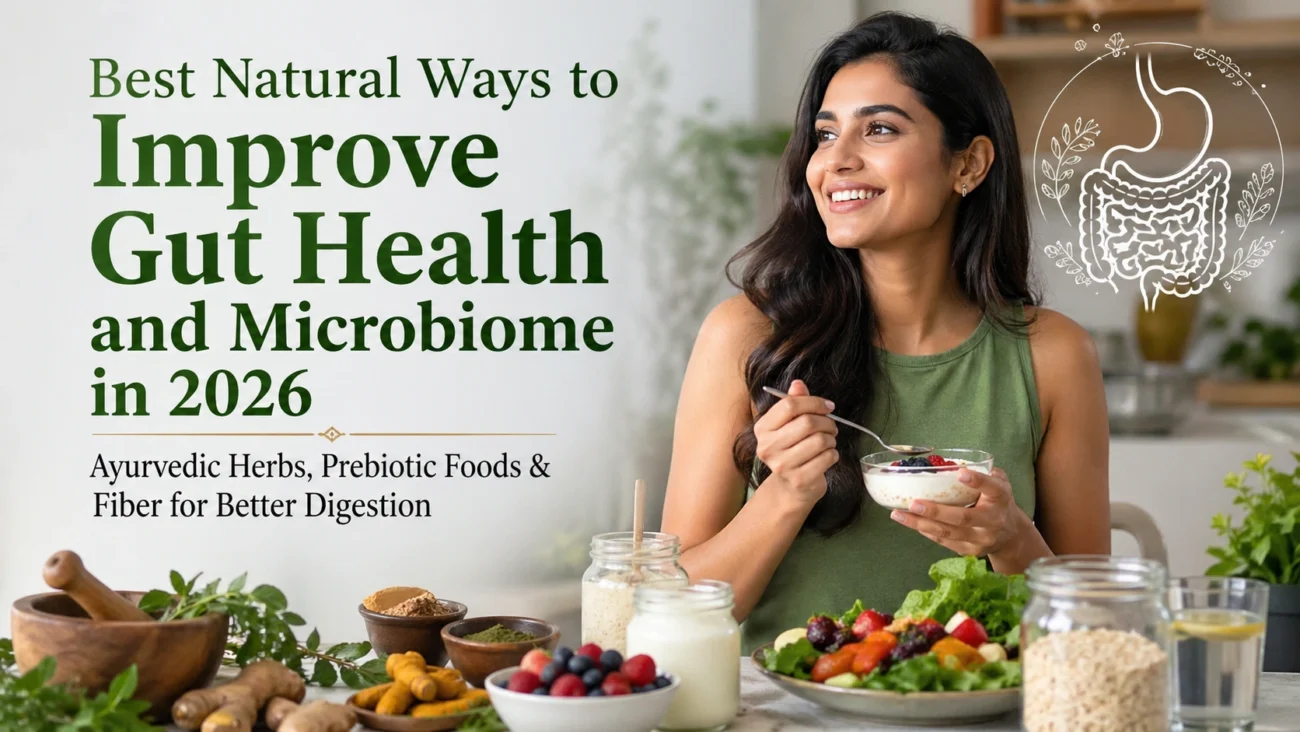 A healthy young woman eating a bowl of yogurt with fruits in a bright kitchen, surrounded by Ayurvedic herbs, seeds, and fiber-rich foods, with a gut illustration highlighting digestive health and microbiome balance.