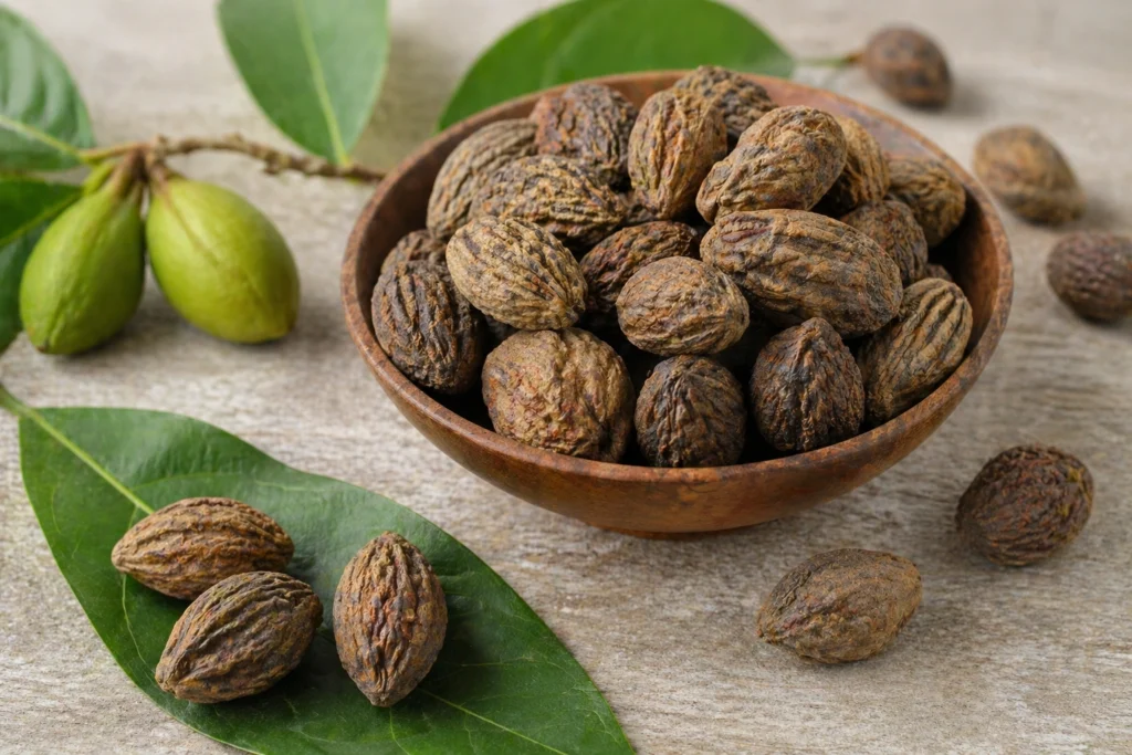 A realistic close-up of dried Haritaki fruits placed in a wooden bowl, with green leaves and fresh fruits in the background, highlighting the natural Ayurvedic herb in a rustic setting.