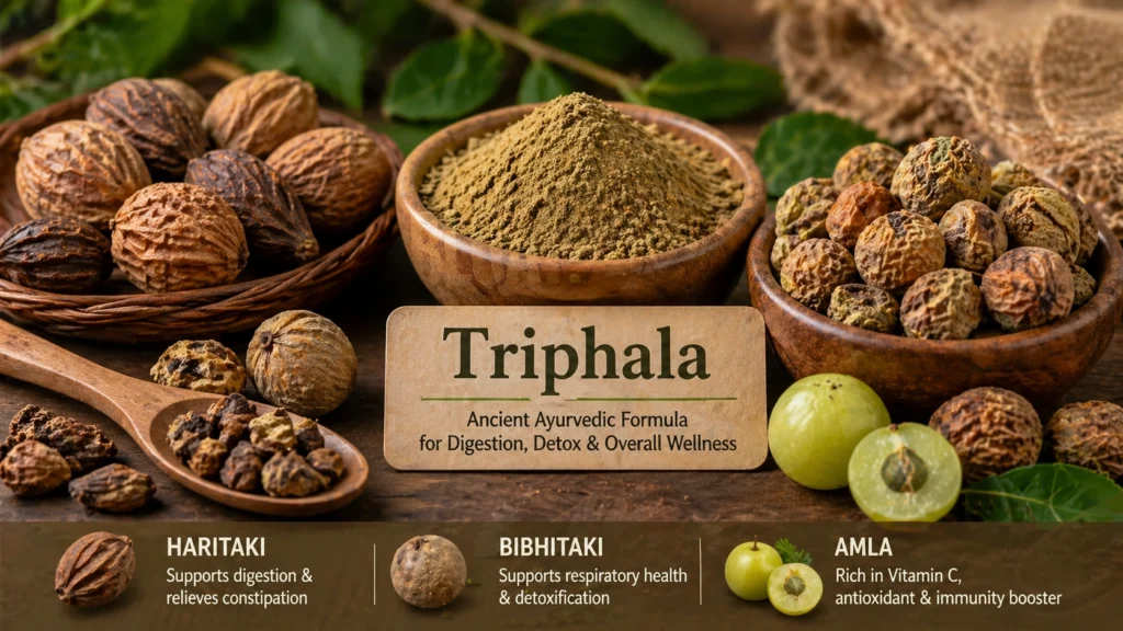 Triphala powder in a wooden bowl placed on a rustic surface, surrounded by dried Ayurvedic ingredients including Haritaki, Bibhitaki, and dried Amla (Indian gooseberry), along with a wooden spoon and natural green leaves in the background, representing traditional herbal digestion support.