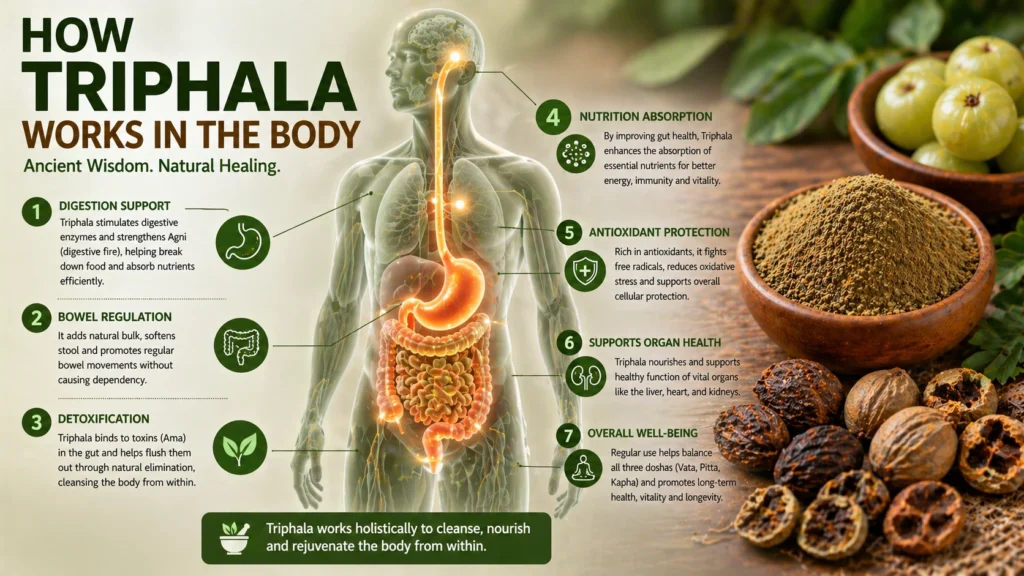 how Triphala works in the body, featuring a transparent human figure with highlighted digestive system, alongside step-by-step labels illustrating digestion support, bowel regulation, detoxification, nutrient absorption, and antioxidant protection, with Triphala powder and dried Amla, Haritaki, and Bibhitaki displayed on a natural wooden surface.
