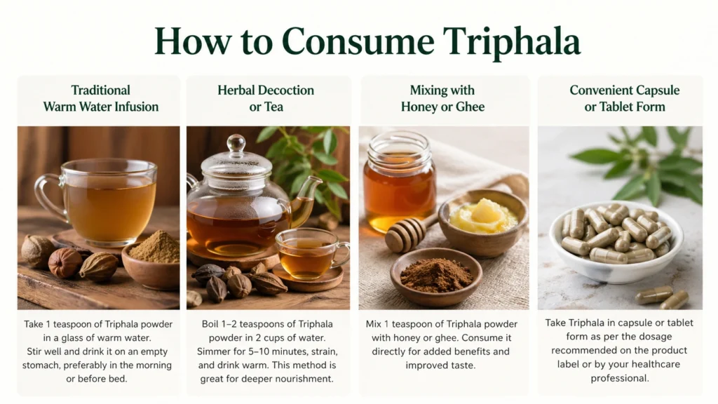 How to Consume Triphala,” showing four sections: a warm herbal drink in a glass cup (traditional warm water infusion), a teapot with herbal tea (decoction), a bowl with Triphala powder mixed with honey and ghee, and a bowl of capsules (tablet form), each illustrating different methods of consuming Triphala in a natural, Ayurvedic setting.