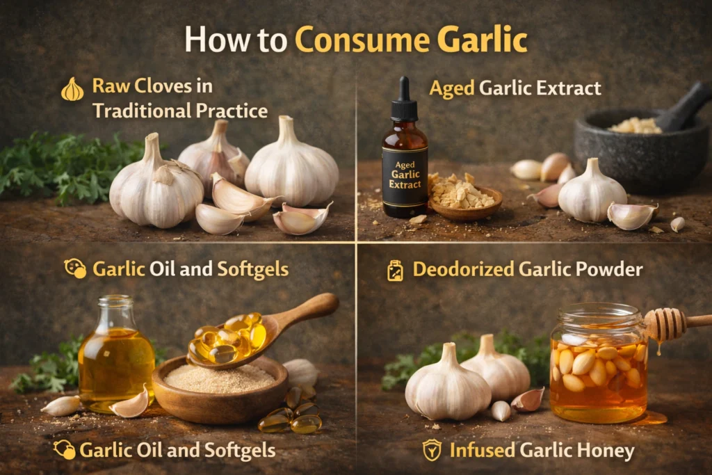 different ways to consume garlic, including raw garlic cloves, aged garlic extract in a dropper bottle, garlic oil and softgel capsules, deodorized garlic powder, and garlic-infused honey in a jar, arranged on a rustic background with labeled sections.