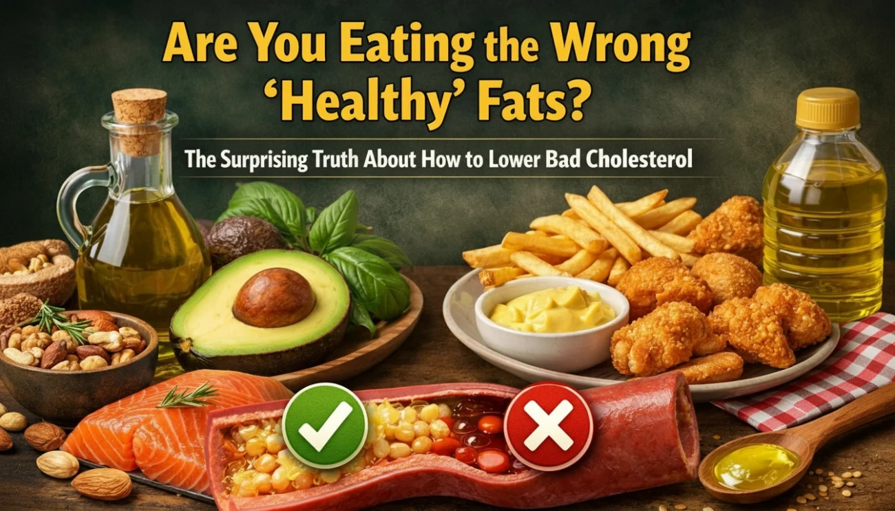 Healthy fats like olive oil, avocado, nuts, and salmon on one side, and unhealthy fried foods with a clogged artery illustration on the other, showing the difference between good and bad fats for lowering cholesterol.