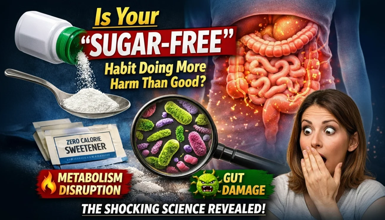 A bold health thumbnail showing zero-calorie sweetener being poured onto a spoon, with a glowing human digestive system and magnified gut bacteria, alongside a shocked woman expression and text highlighting metabolism disruption and gut damage.