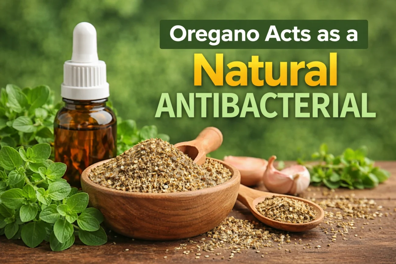 This is an eye-catching blog thumbnail image featuring a rustic wooden surface with a bowl filled with dried oregano seeds, along with a wooden scoop and scattered herbs around it. A small amber dropper bottle is placed beside the bowl, representing herbal oil, while fresh green oregano leaves and garlic cloves appear softly blurred in the background.