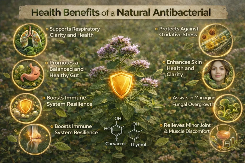 oregano plant in natural sunlight with soft-focus background, surrounded by clear icons representing respiratory health, gut balance, immunity, antifungal support, antioxidant protection, skin health, joint relief, and urinary wellness, with a subtle, natural and less artificial
