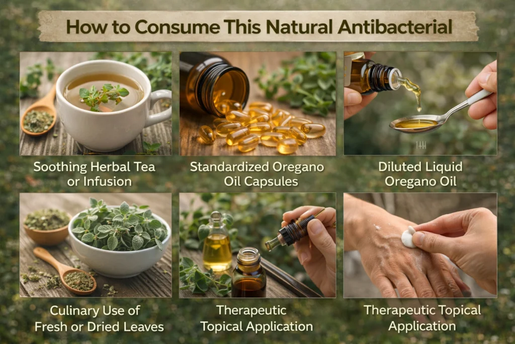 different ways to consume oregano, including herbal tea, oil capsules, diluted oregano oil, fresh or dried leaves for cooking, and topical application, arranged in a clean and natural layout with warm tones.