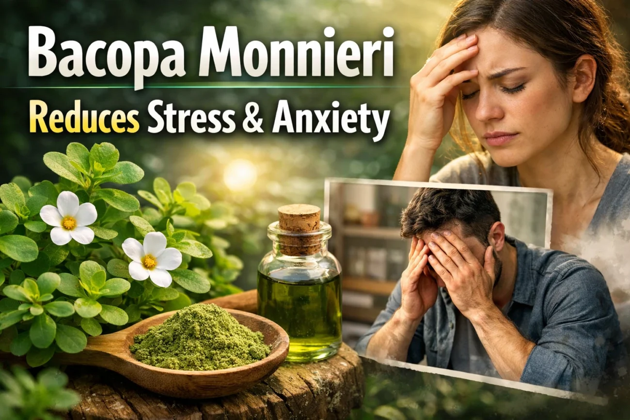 Realistic blog thumbnail showing Bacopa Monnieri plant with green leaves and white flowers, herbal powder and oil extract in foreground, and two stressed individuals in background, with bold text “Bacopa Monnieri Reduces Stress & Anxiety