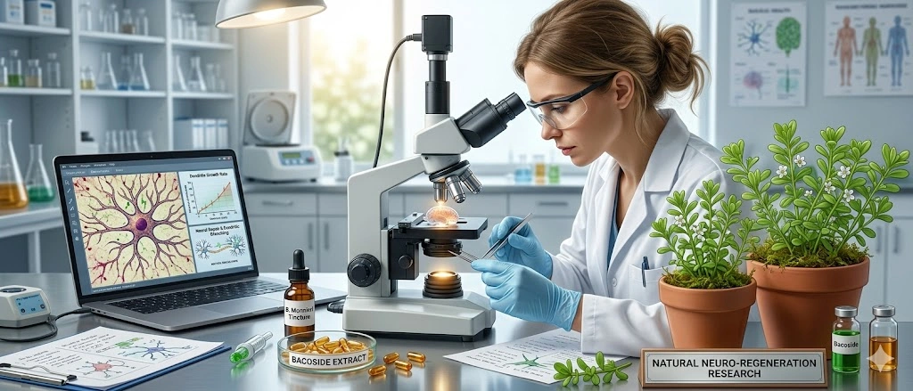 Watercolor-style image of Bacopa Monnieri with fresh green leaves and white flowers in a basket, alongside a wooden bowl of herbal powder and a glass bottle of oil, set on a rustic surface with soft artistic green splashes in the background.
