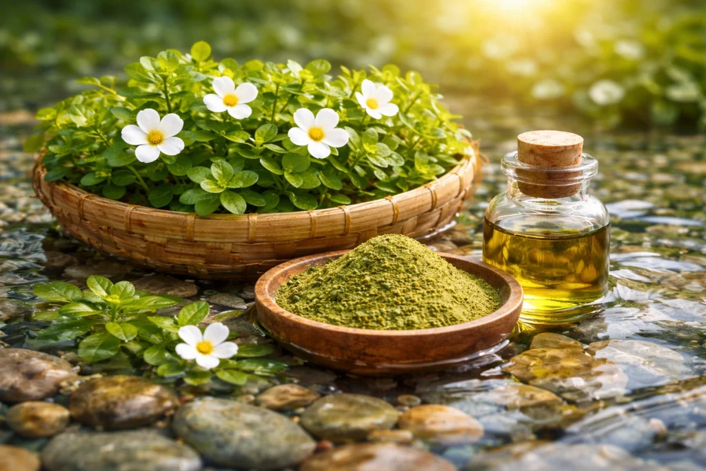 Realistic image of Bacopa Monnieri placed in clear shallow water with smooth pebbles, showing fresh green leaves and small white flowers in a bamboo basket, alongside a wooden bowl of herbal powder and a glass bottle of oil illuminated by natural sunlight.
