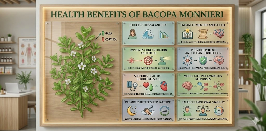 The image features a high-resolution, photorealistic infographic displayed on a wooden-framed board within a professional, clinical setting. The title at the top reads HEALTH BENEFITS OF BACOPA MONNIERI in a bold, dark green font.