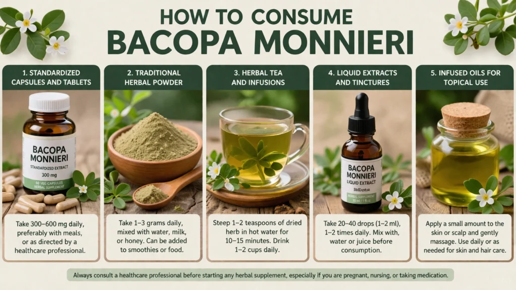 How to Consume Bacopa Monnieri infographic showing five methods: capsules and tablets, herbal powder in a bowl, herbal tea in a glass cup, liquid extract bottle with dropper, and infused oil in a jar, arranged in a clean green natural theme with clear labels and usage instructions.
