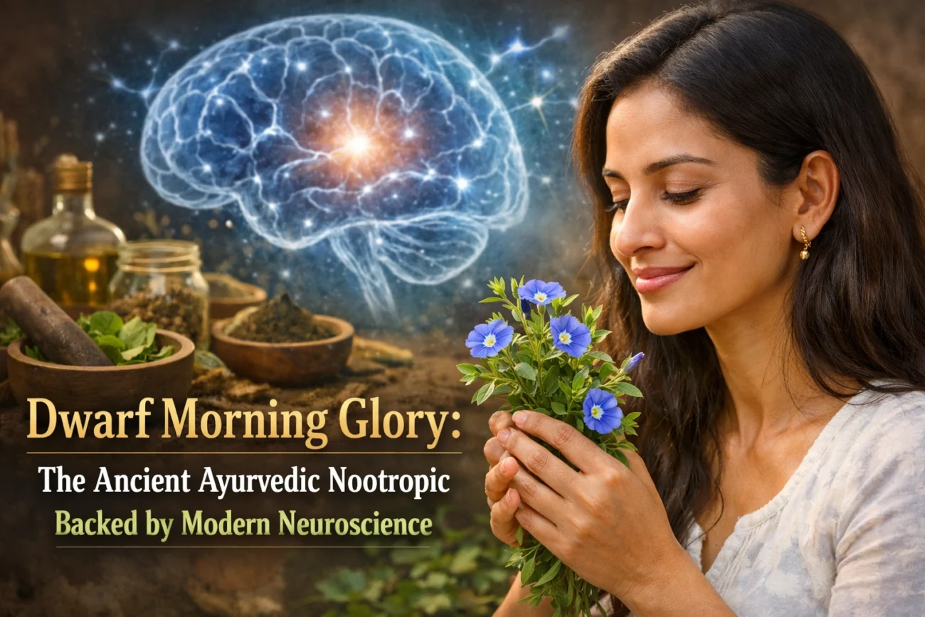 Dwarf Morning Glory blog thumbnail showing a calm woman holding blue flowers, with Ayurvedic herbs and a glowing brain illustration representing the connection between ancient herbal medicine and modern neuroscience.