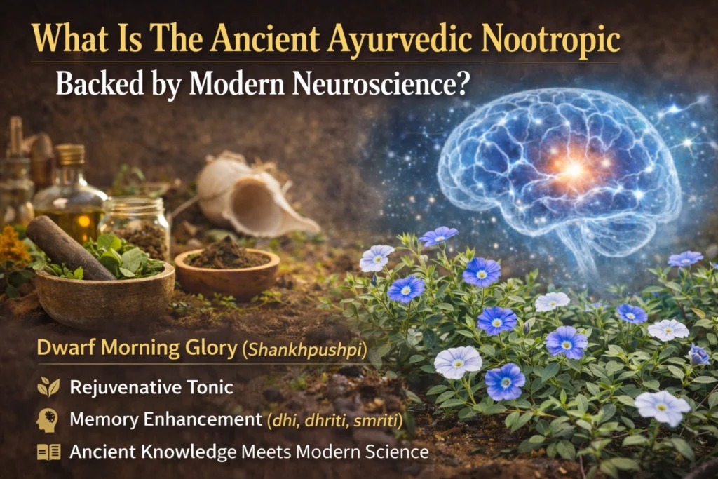 Realistic thumbnail showing Dwarf Morning Glory (Shankhpushpi) flowers with Ayurvedic herbs and tools on one side and a glowing brain illustration on the other, symbolizing enhanced memory and the connection between ancient Ayurveda and modern neuroscience.
