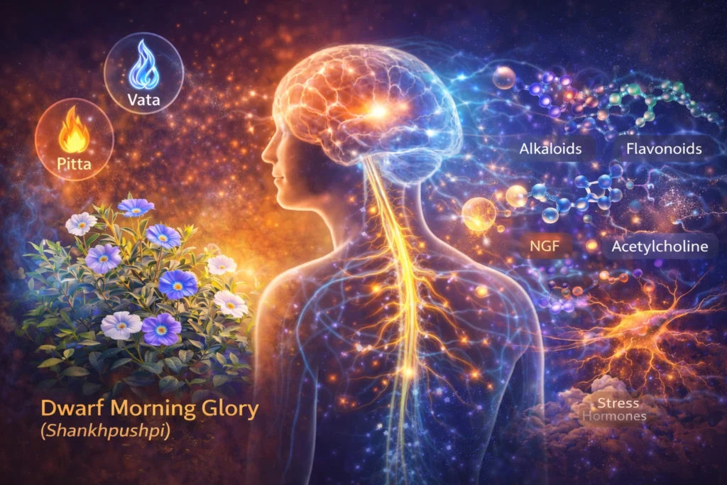 Realistic full-HD illustration of a human nervous system and glowing brain connected with neural pathways, surrounded by Dwarf Morning Glory flowers, symbolizing improved memory, reduced stress, and the fusion of Ayurvedic healing with modern neuroscience.
