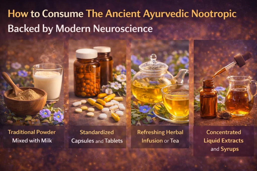 four ways to consume an Ayurvedic nootropic: herbal powder mixed in milk, capsules and tablets in bottles, a glass teapot with herbal tea, and a dropper with liquid extract, arranged with natural herbs and flowers in a warm, balanced setting.