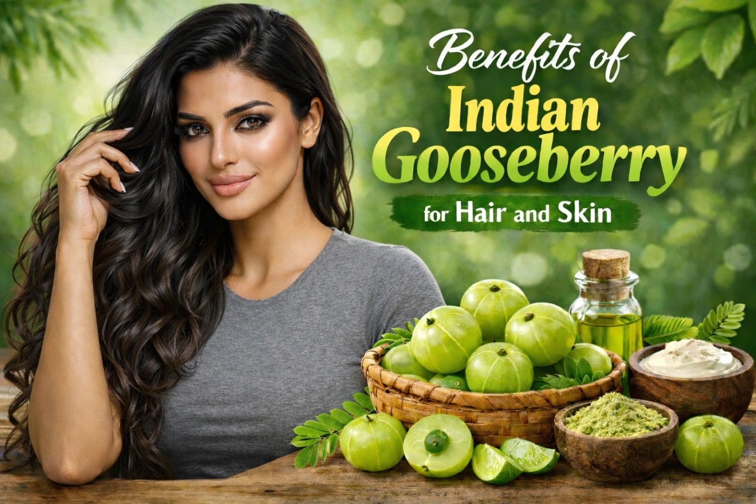 A natural-looking woman with long, wavy dark hair wearing a simple gray T-shirt, gently touching her hair. She appears calm and minimal makeup. In front of her, fresh Indian gooseberries are displayed in a basket along with amla powder, oil, and cream on a wooden table, with a green leafy blurred background and the text “Benefits of Indian Gooseberry for Hair and Skin.”