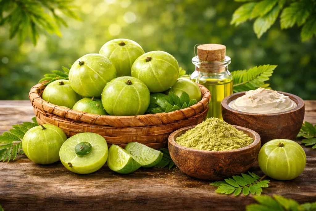 Fresh Indian gooseberries (amla) arranged in a basket on a wooden table, with cut pieces showing their juicy interior, alongside amla powder, oil, and paste, set against a soft green natural background.