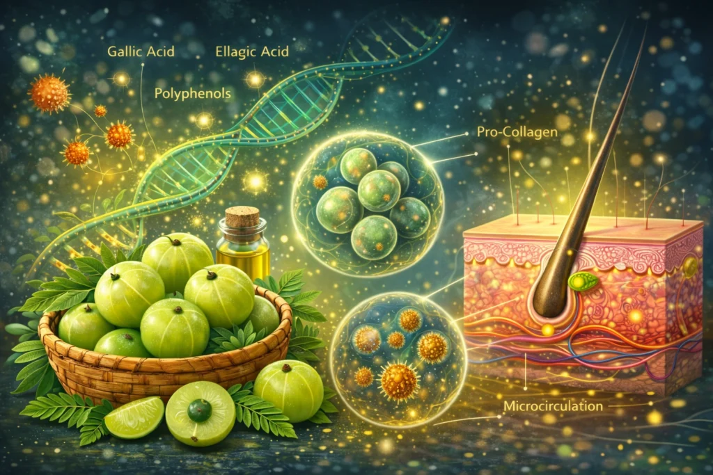 A creative scientific-style illustration showing Indian gooseberries (amla) in a basket with cut pieces, glowing particles representing antioxidants, a DNA helix, and visual elements of skin layers and hair follicles, symbolizing cellular protection, collagen support, and improved microcirculation in a vibrant, modern design.