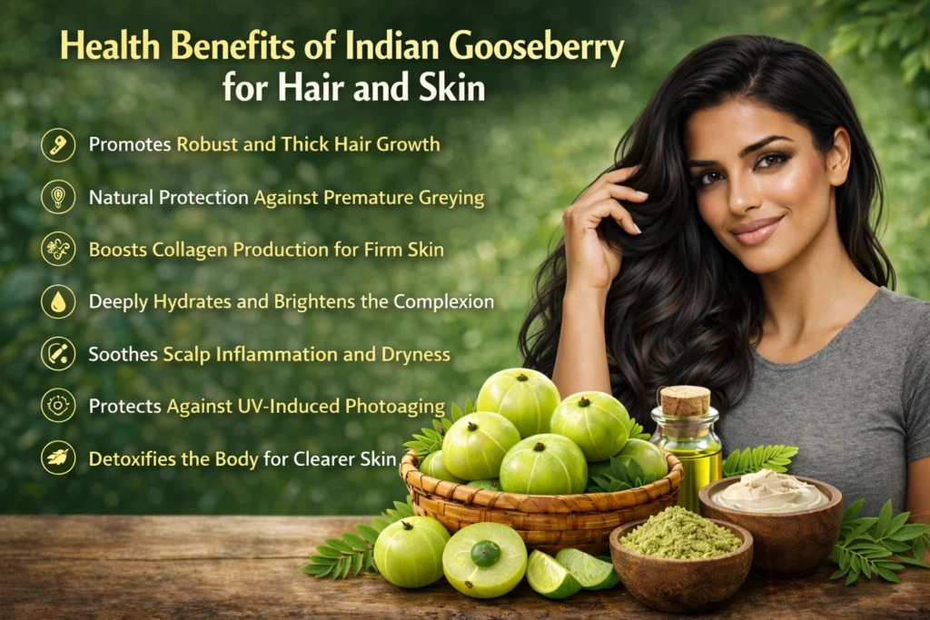 A realistic infographic-style image showing a woman with healthy, shiny hair and clear skin beside fresh Indian gooseberries, amla oil, powder, and cream on a wooden table, with a green natural background, visually representing benefits like hair growth, anti-greying, collagen boost, skin hydration, scalp care, UV protection, and detox for clearer skin.
