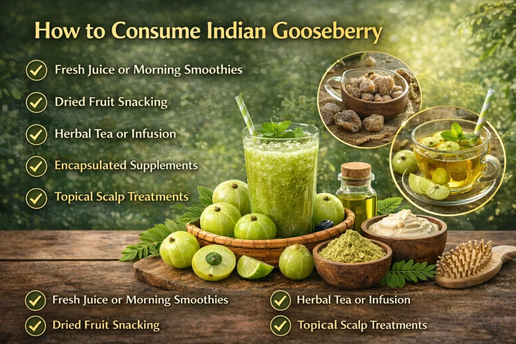A realistic infographic-style image showing different ways to consume Indian gooseberry (amla), including fresh juice or smoothies, dried fruit, herbal tea, capsules, and scalp treatments, displayed with amla fruits, powder, oil, and natural elements on a wooden table with a green background.