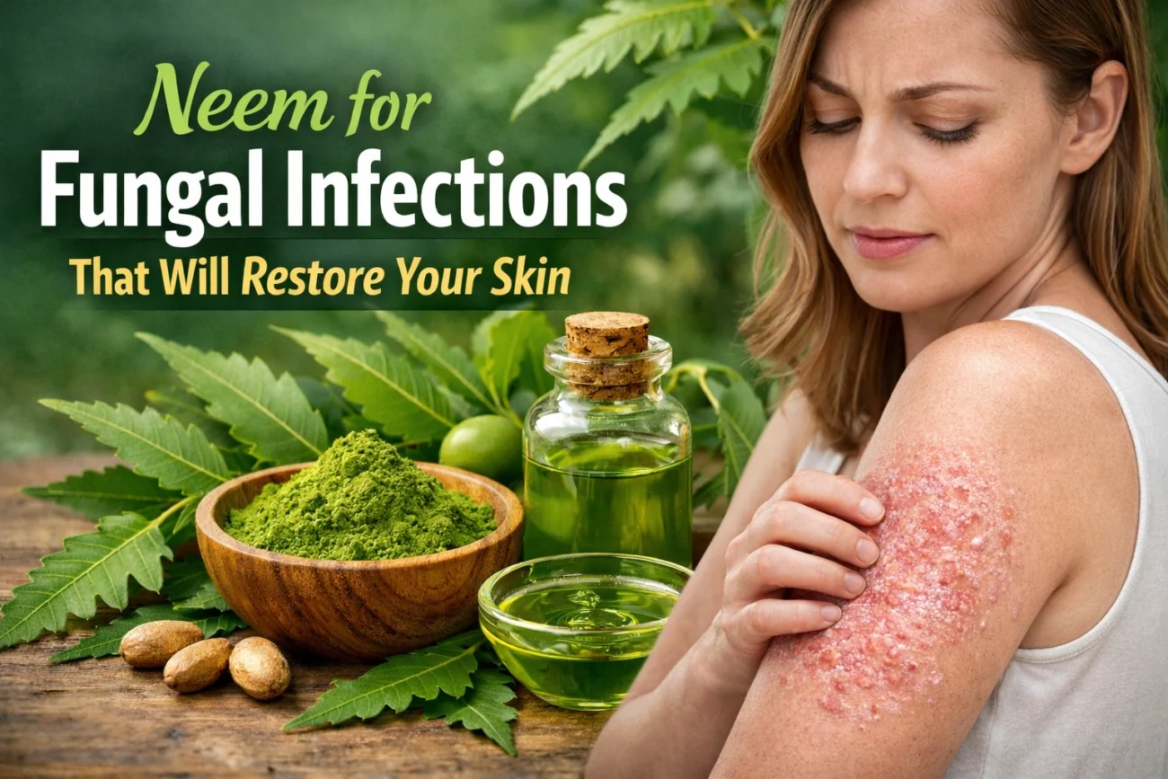 a woman scratching a red fungal rash on her arm, with neem leaves, powder, and oil displayed beside her, and bold text reading “Neem for Fungal Infections That Will Restore Your Skin.
