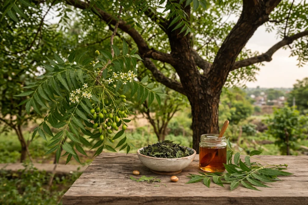 **Alt text:** Neem tree branch with fresh leaves, flowers, and fruits hanging above a wooden table displaying dried neem leaves in a bowl and a glass jar of neem oil, set in a natural outdoor background.