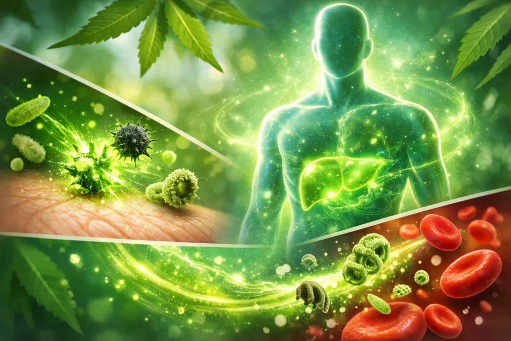 showing how neem works inside the body: glowing green energy flows from neem leaves into human skin, breaking down harmful bacteria and fungi on the surface, while a transparent human figure highlights a glowing liver and circulating blood cells, symbolizing detoxification, purification, and internal healing.