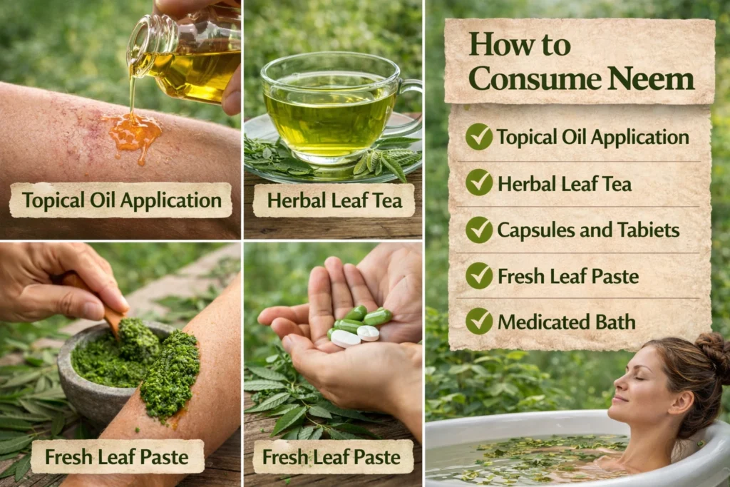 showing different methods including applying neem oil on skin, drinking herbal neem tea, taking capsules or tablets, using fresh leaf paste, and bathing in neem-infused water, with visuals for each method.