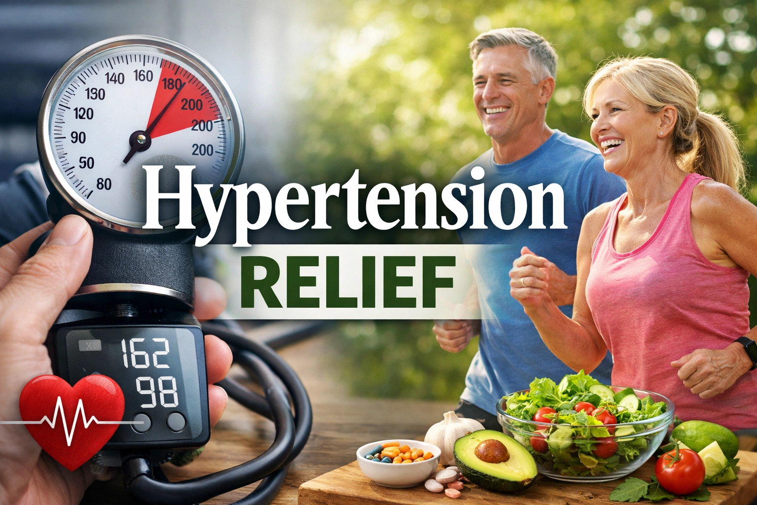 a close-up blood pressure monitor with high readings in the foreground, a smiling middle-aged couple jogging outdoors in the background, and a table with fresh healthy foods like salad, avocado, garlic, and tomatoes; bold text “Hypertension RELIEF” centered, symbolizing natural ways to manage high blood pressure.