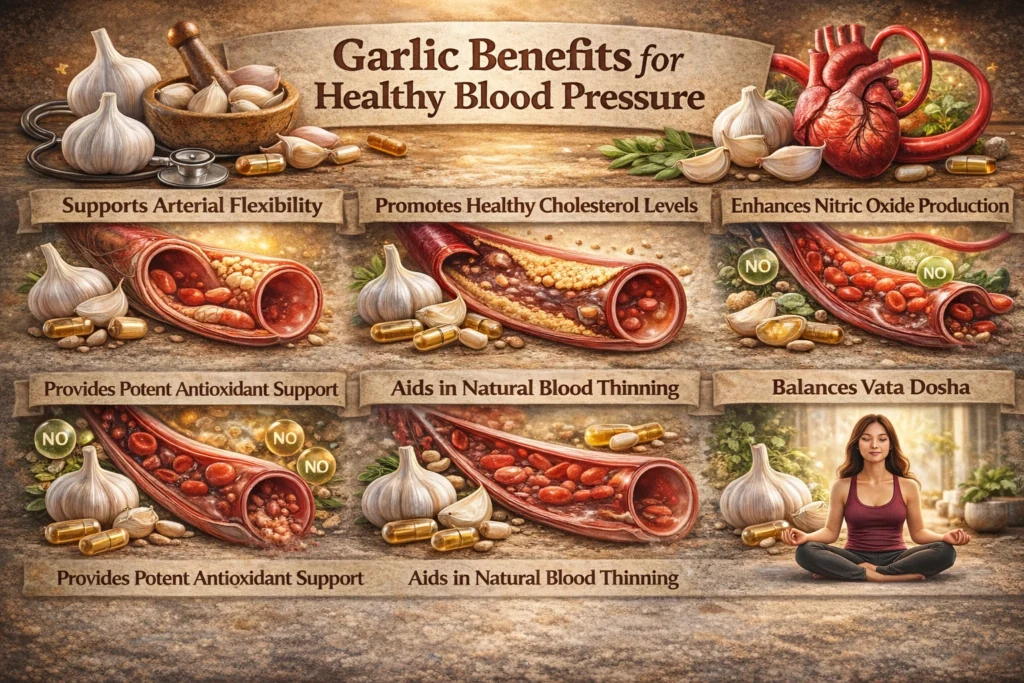 garlic supporting healthy blood pressure, with arteries, blood flow, antioxidants, and a calm meditation scene on a warm rustic background.