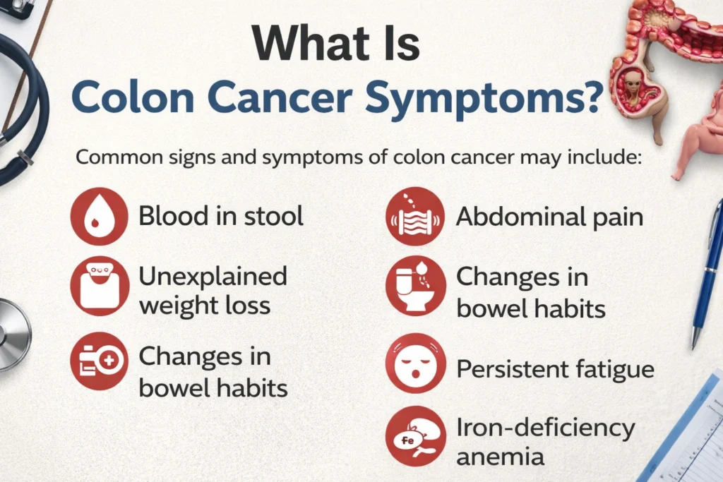 16:9 medical infographic showing colon cancer symptoms, including a colon illustration, stethoscope, and icons for blood in stool, abdominal pain, weight loss, bowel habit changes, fatigue, and anemia on a clean clinical background
