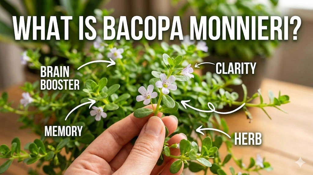 This is an informative graphic identifying Bacopa monnieri as a brain booster herb. Arrows point to the plant with key terms: BRAIN BOOSTER, MEMORY, CLARITY, and HERB. A hand holds a small cluster of flowers.