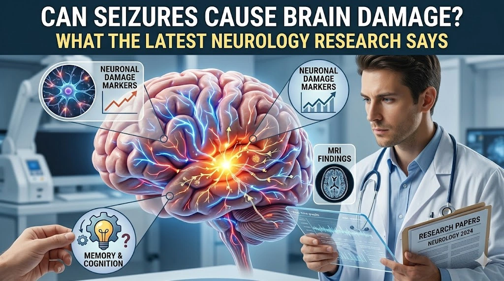 This image presents a graphical illustration to help explain the research behind seizures and brain damage. Several labels are visible, and each one helps clarify a distinct aspect.