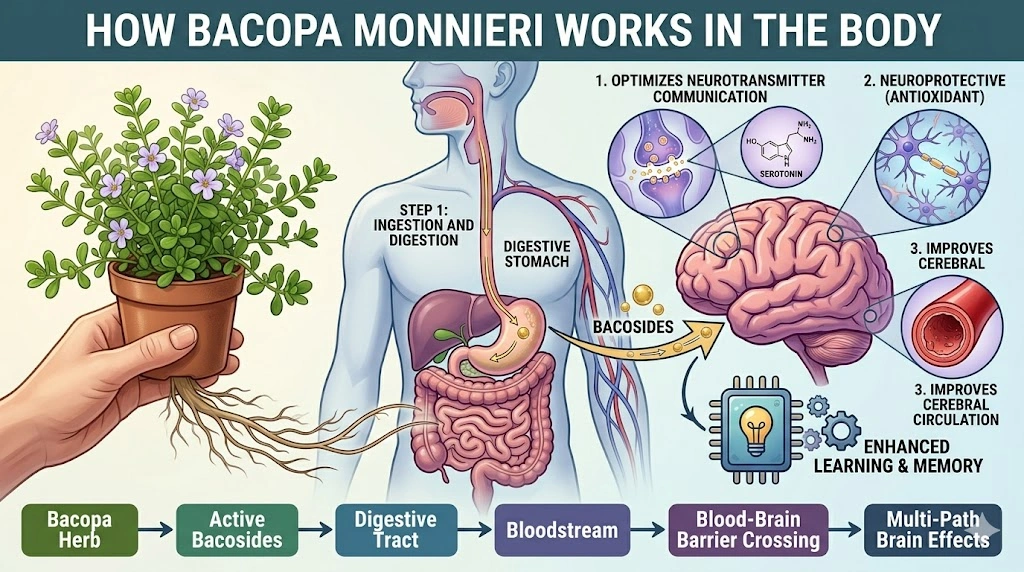 This is a medical infographic detailing the journey of Bacopa monnieri through the human body. It features a flow chart at the bottom and a central anatomical diagram showing the herb's path from ingestion to the brain. Highlights include the release of active bacosides, their passage through the bloodstream and blood-brain barrier, and three primary neural effects: neurotransmitter optimization, neuroprotection, and improved cerebral circulation.