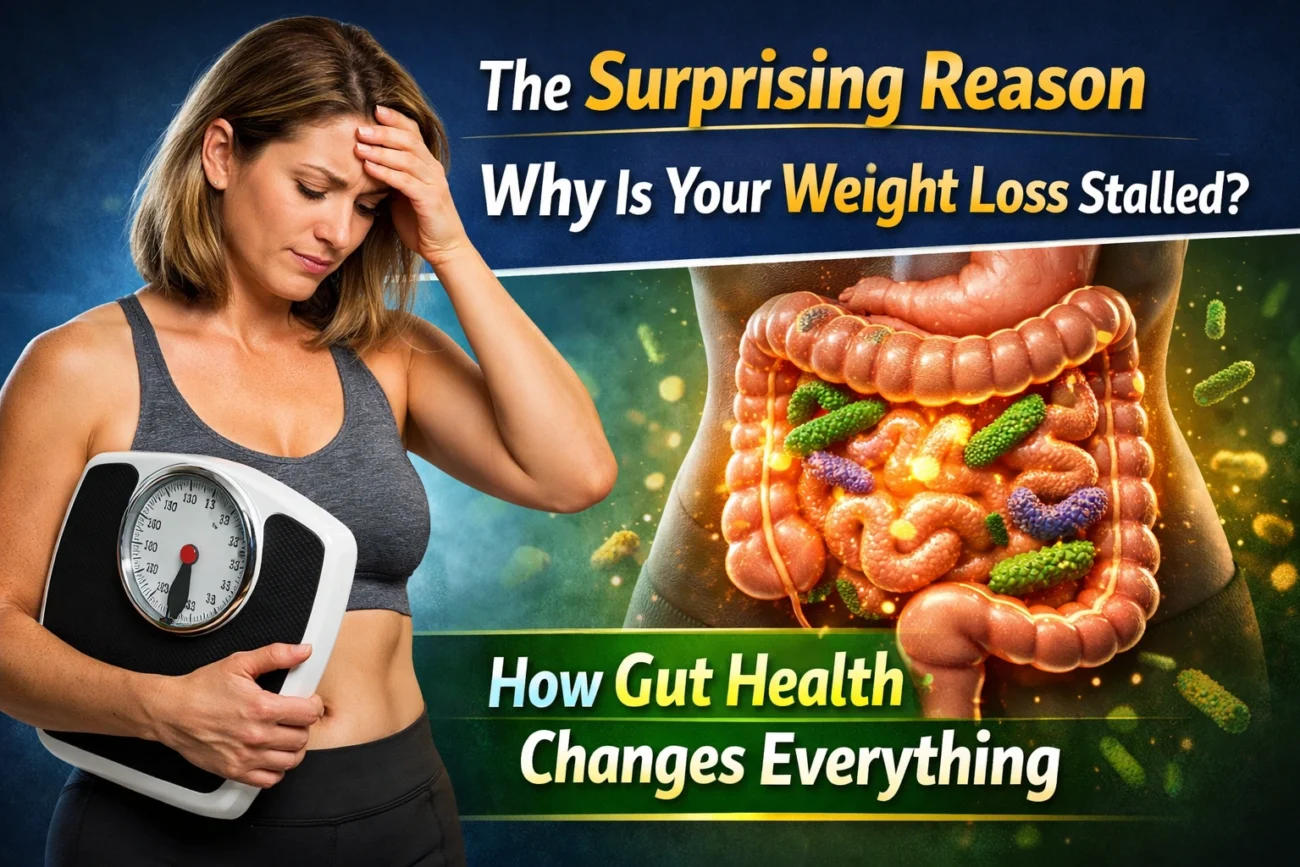 Frustrated woman holding a weighing scale with a glowing digestive system illustration showing gut bacteria, representing how gut health affects stalled weight loss