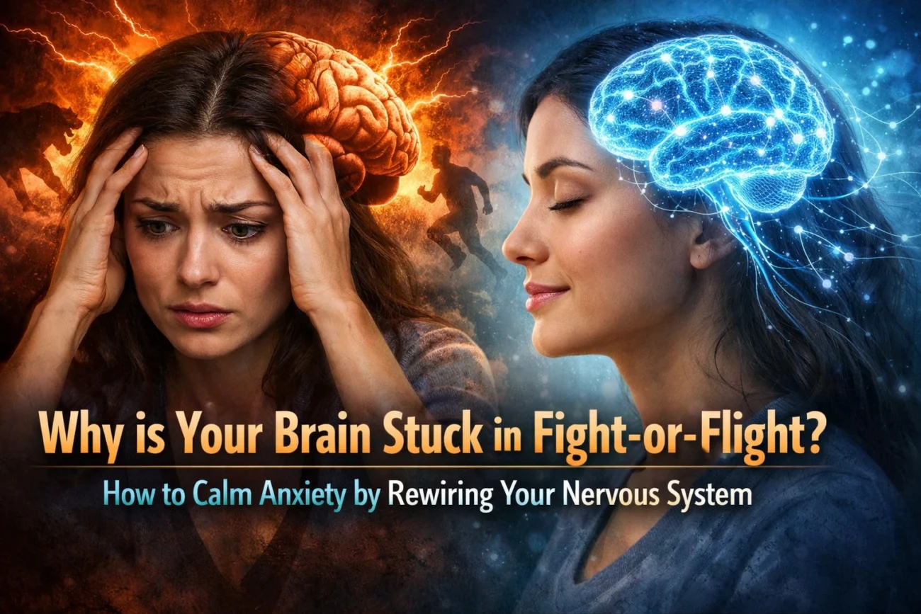 A split-screen thumbnail showing a stressed woman holding her head with intense anxiety and fiery danger elements in the background on the left, while on the right a calm woman with closed eyes appears relaxed, with a glowing blue brain and neural connections symbolizing peace and a balanced nervous system.