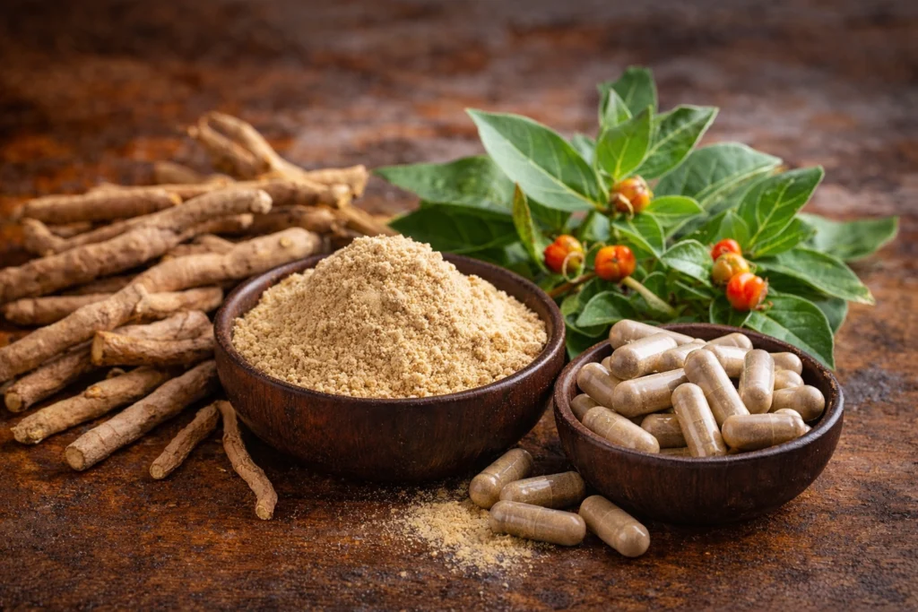 Ashwagandha roots, green leaves with berries, powdered Ashwagandha in a bowl, and capsules placed on a wooden surface, illustrating its natural and supplement forms.