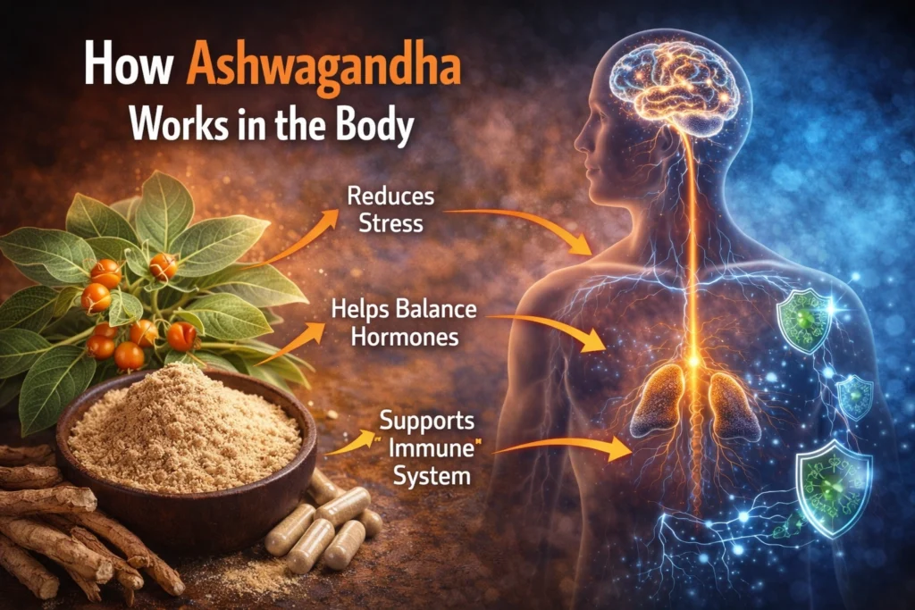 Ashwagandha plant, roots, powder, and capsules on one side, and a human body with a glowing brain and nervous system on the other, highlighting effects like reduced stress, hormone balance, and immune support.
