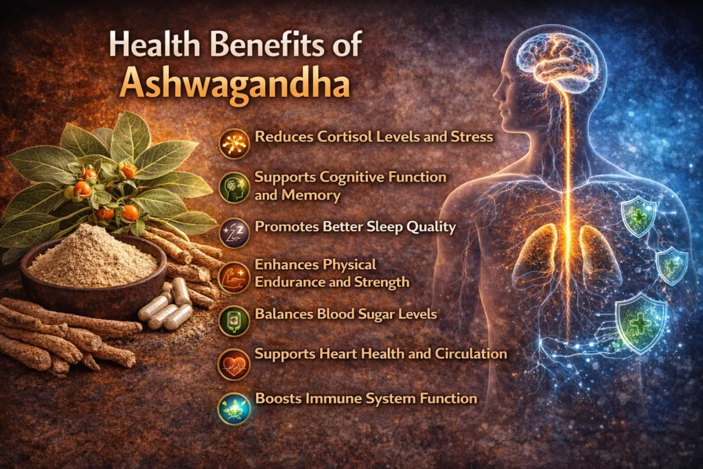 the health benefits of Ashwagandha, with the herb’s roots, powder, and leaves on one side and a glowing human body with brain and nervous system on the other, highlighting benefits like reduced stress, improved memory, better sleep, enhanced strength, balanced blood sugar, heart health support, and immune system boost.