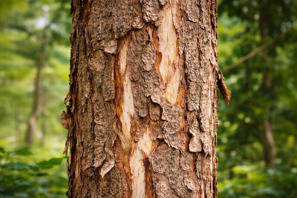 Close-up of Kutaj tree bark with textured peeling surface in a natural forest background