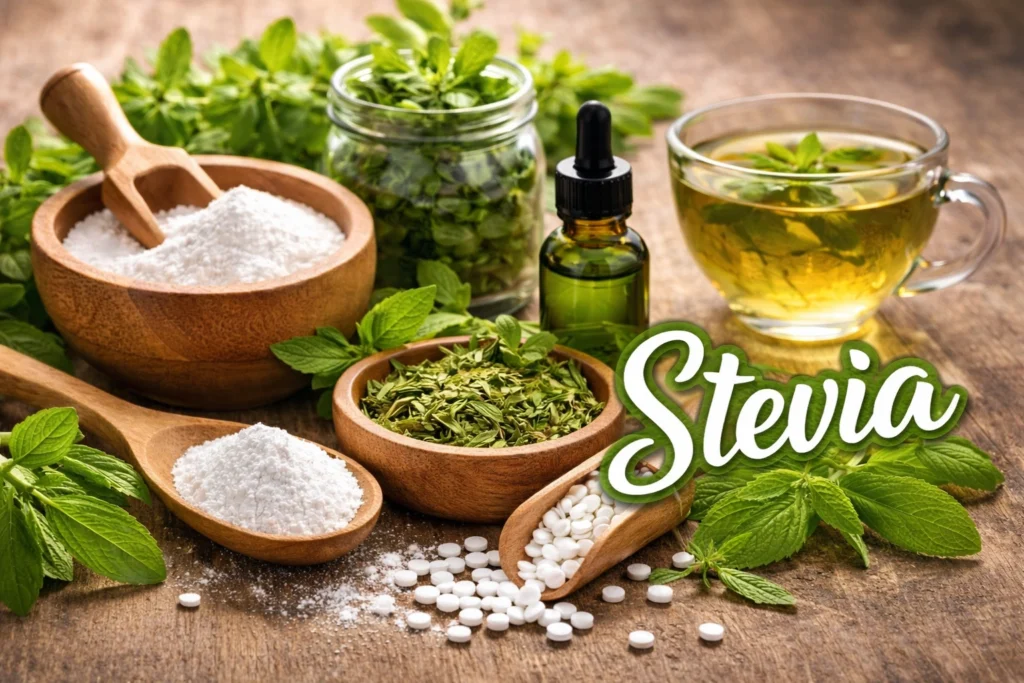 A realistic close-up of fresh green stevia leaves alongside a small bowl of white stevia powder and liquid drops, placed on a natural wooden surface with soft lighting, representing a natural zero-calorie sweetener.