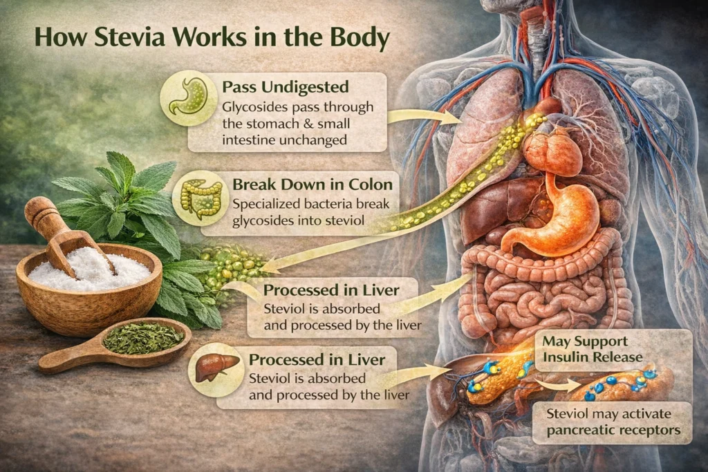 how stevia works in the body, with stevia leaves and powder on one side and a transparent human digestive system on the other, highlighting the process of glycosides passing undigested, breaking down in the colon, and supporting insulin response.