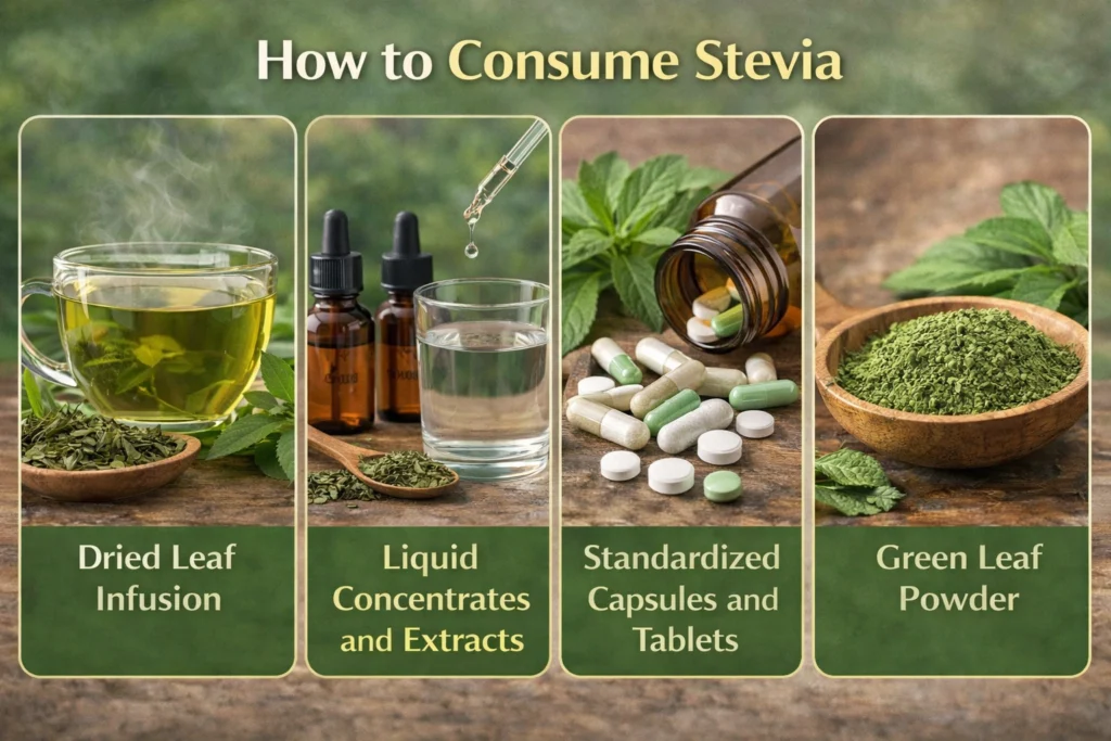 different ways to consume stevia, including dried leaf tea infusion, liquid extracts with dropper, capsules and tablets, and green leaf powder in a bowl with fresh stevia leaves.