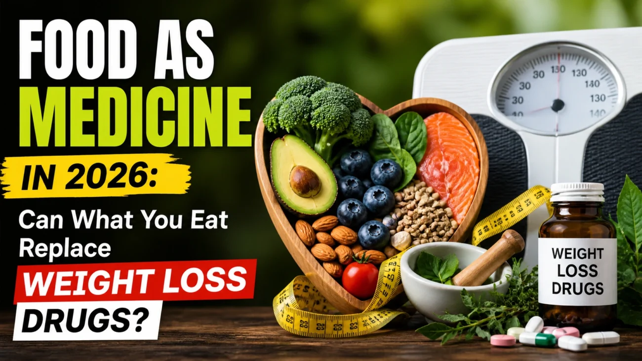 a healthy bowl filled with avocado, broccoli, salmon, blueberries, and nuts placed beside a weighing scale, measuring tape, herbs, and a bottle labeled weight loss drugs, highlighting the contrast between natural food and medication for weight loss.