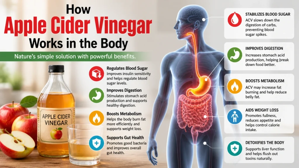 a bottle of apple cider vinegar with apples on a table alongside a human body diagram highlighting the digestive system, with visual callouts explaining how apple cider vinegar supports blood sugar control, digestion, metabolism, weight loss, and detoxification.